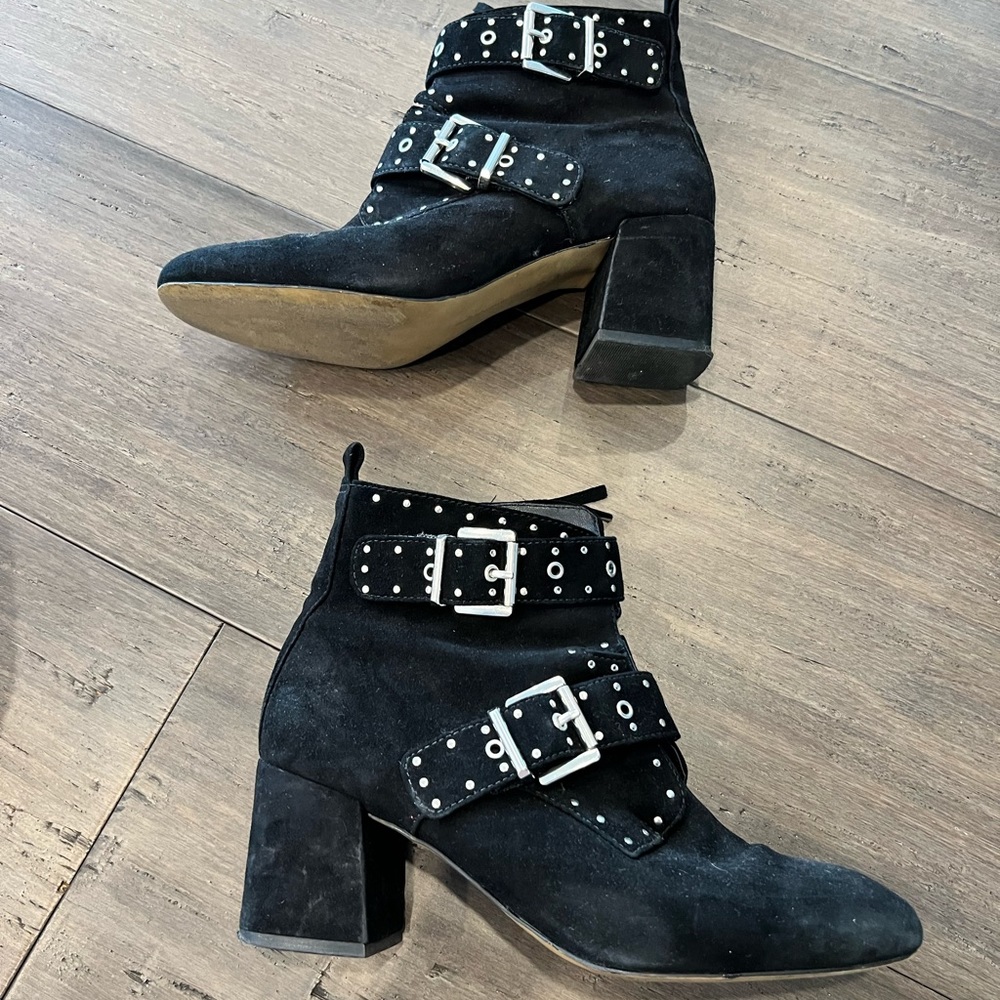 Rebecca Minkoff black suede booties with 2 in heel.